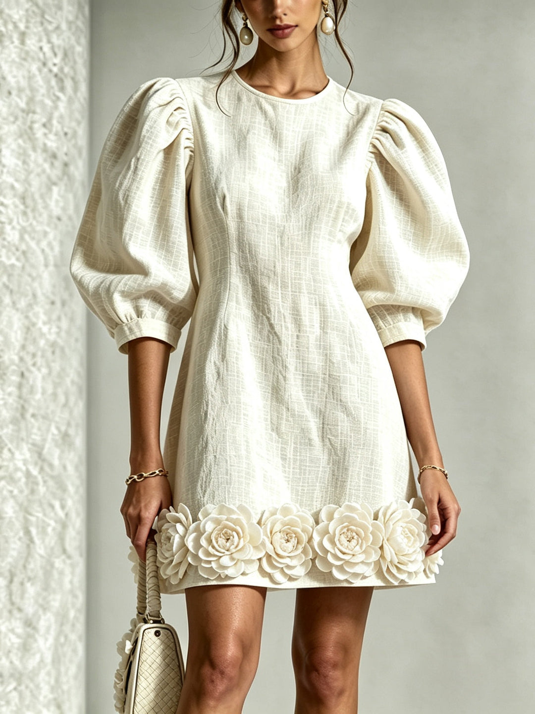 Miranda | Floral-Hem Puff-Sleeve Mini Dress