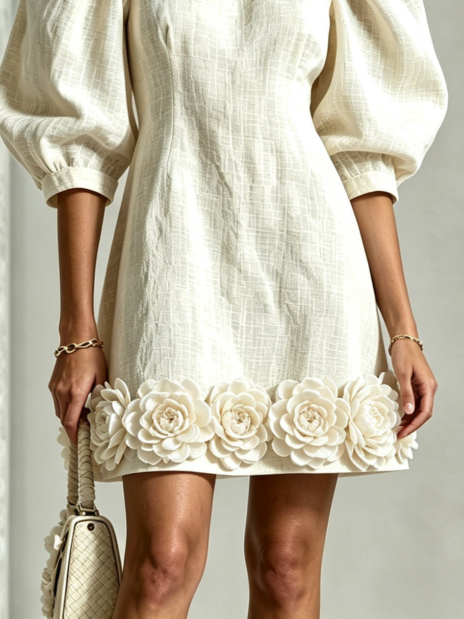 Miranda | Floral-Hem Puff-Sleeve Mini Dress