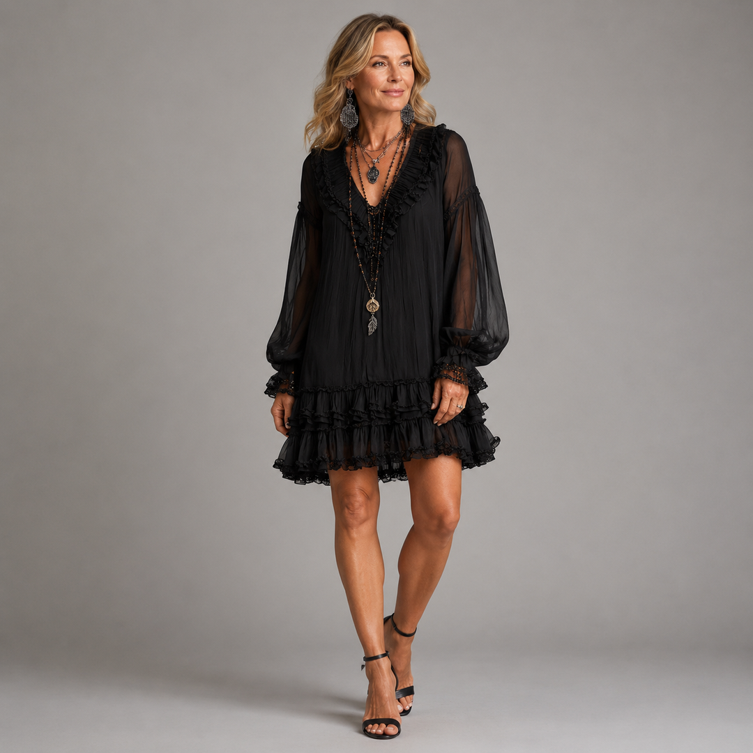 Lydia soft ruffle dress with flattering sleeves in black