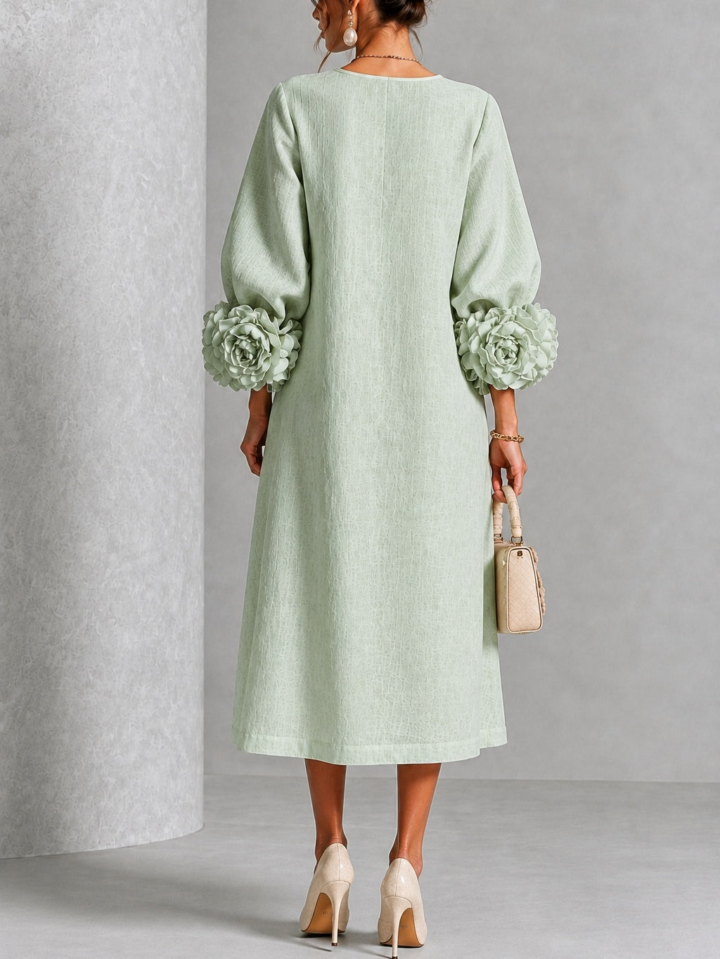 Fiona | Floral-Cuff Flowing Midi Dress