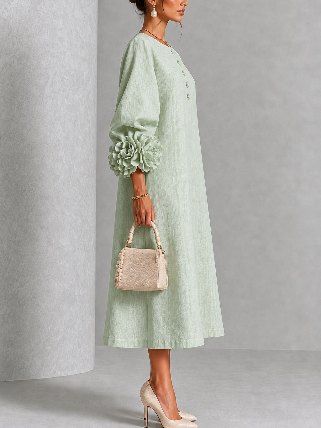 Fiona | Floral-Cuff Flowing Midi Dress