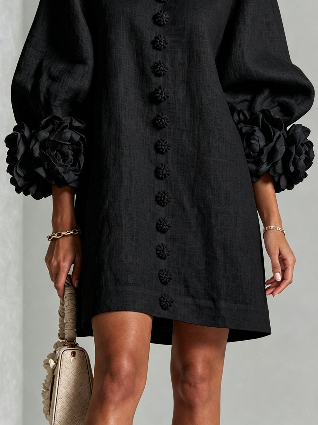 Elena | Floral-Cuff Buttoned Mini Dress