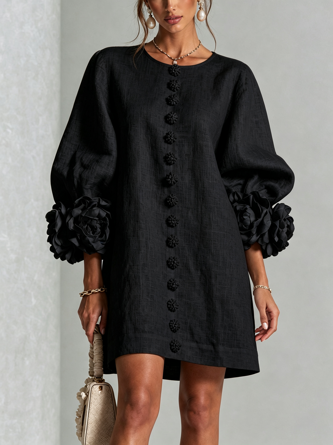 Elena | Floral-Cuff Buttoned Mini Dress