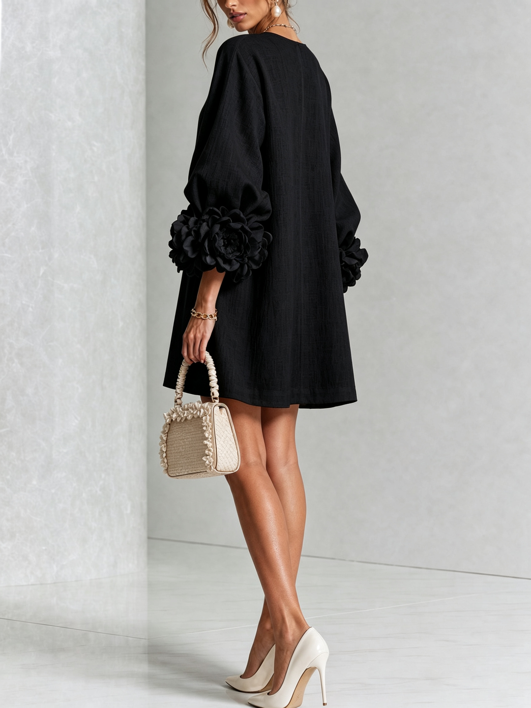 Elena | Floral-Cuff Buttoned Mini Dress