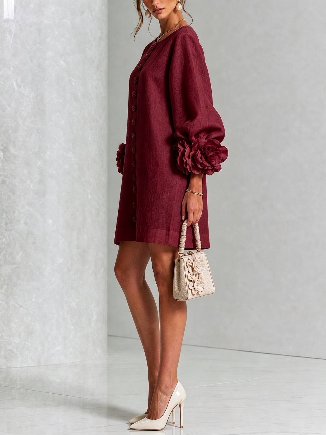 Arielle | Floral-Cuff Button Mini Dress