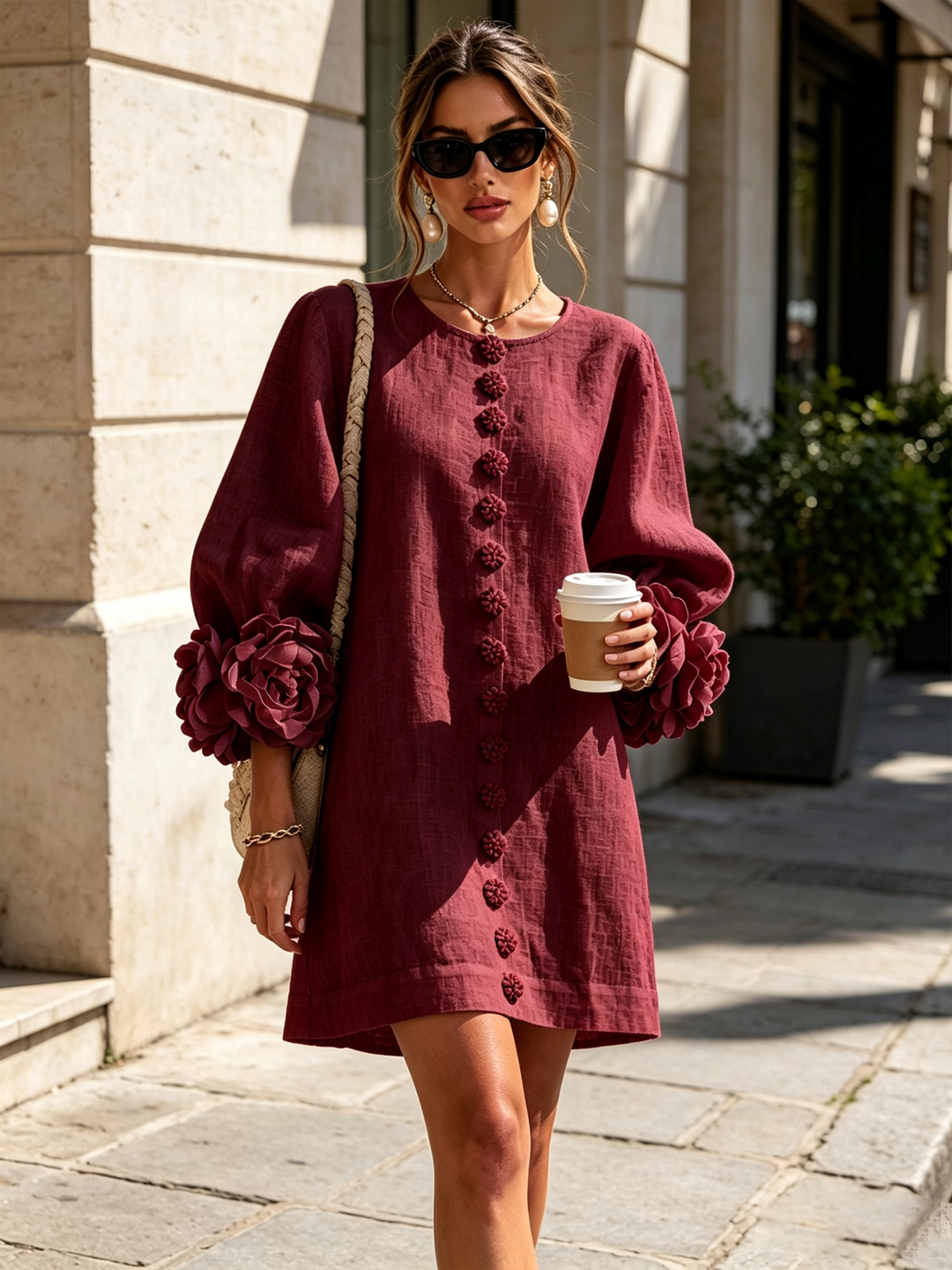 Arielle | Floral-Cuff Button Mini Dress