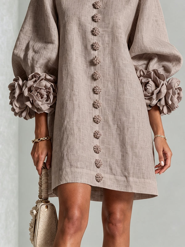 Caroline | Floral-Cuff Button-Front Mini Dress