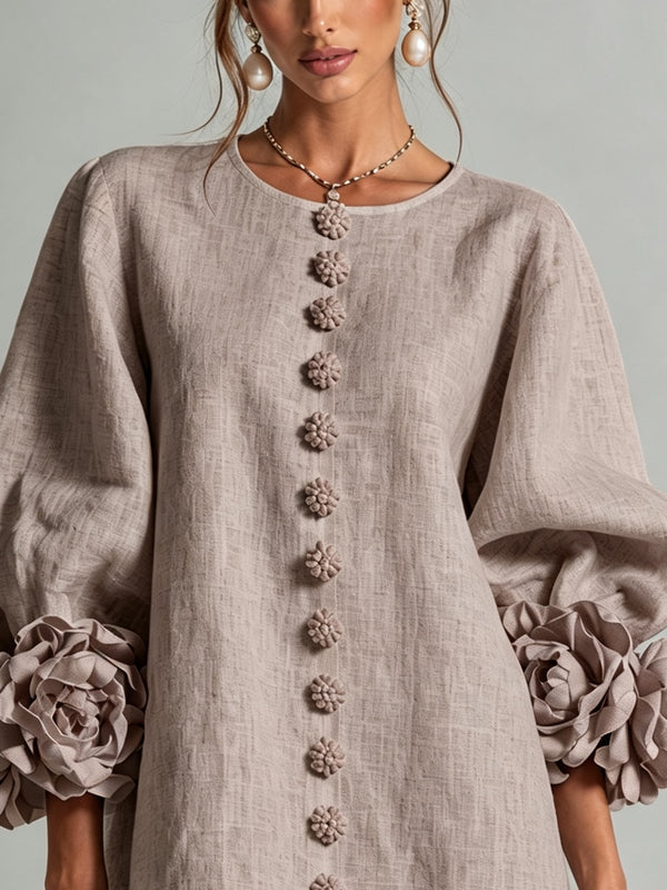 Caroline | Floral-Cuff Button-Front Mini Dress