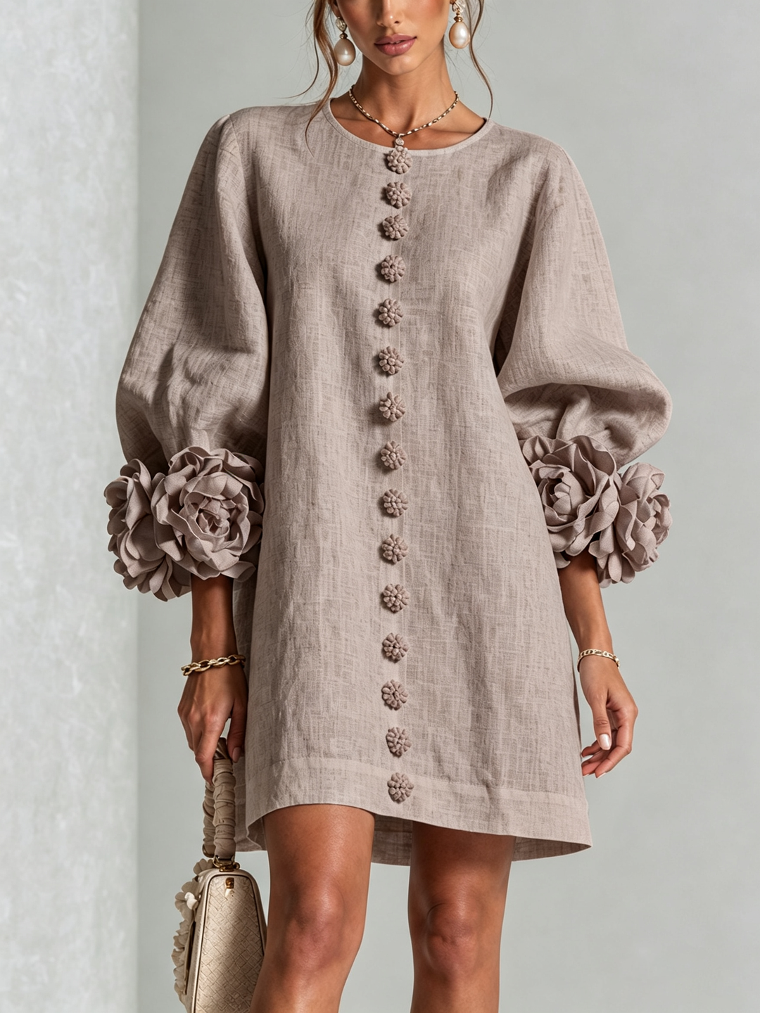Caroline | Floral-Cuff Button-Front Mini Dress