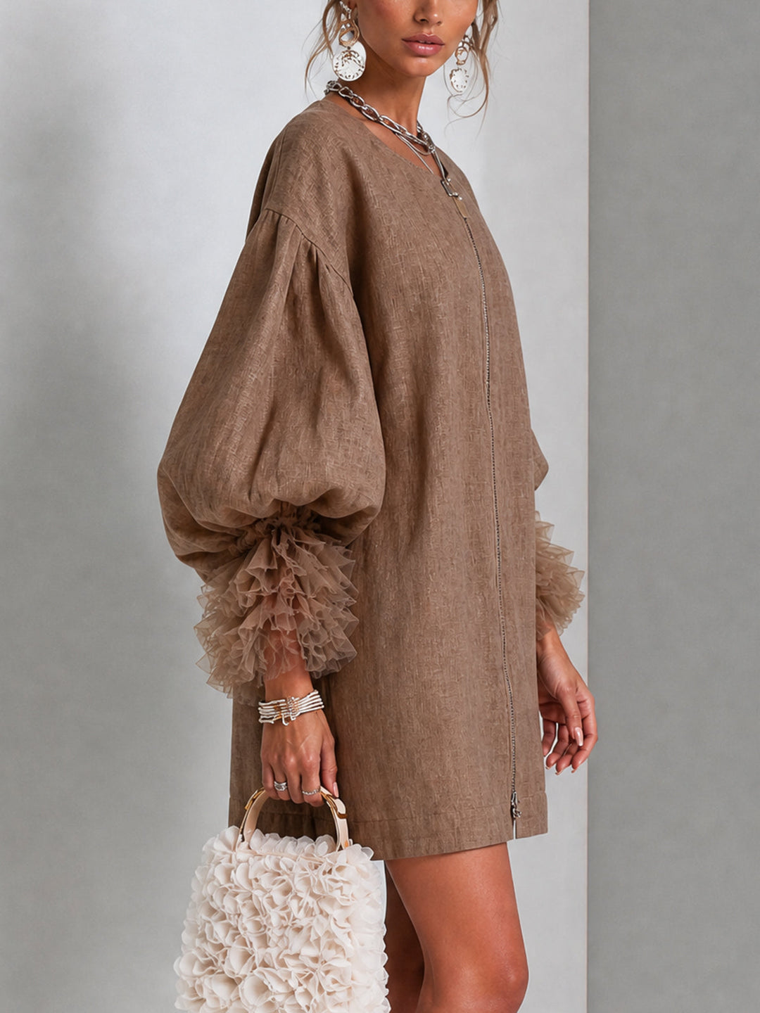 Sabrina | Zip-Front Balloon-Sleeve Mini Dress