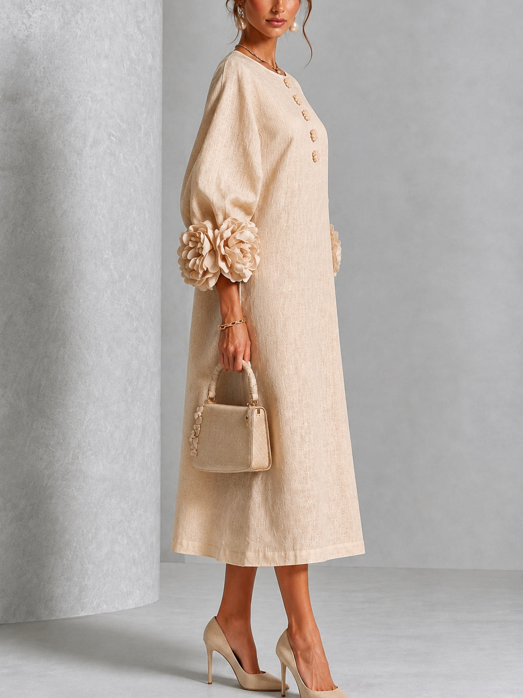 Laurel | Rosette-Cuff Flowing Midi Dress