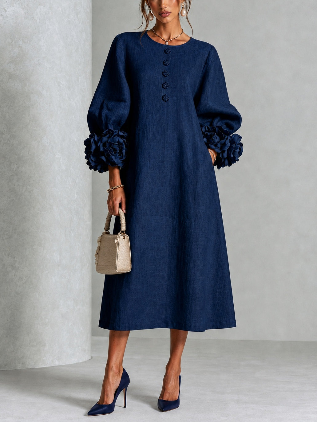 Juliana | Floral-Cuff Easy Midi Dress