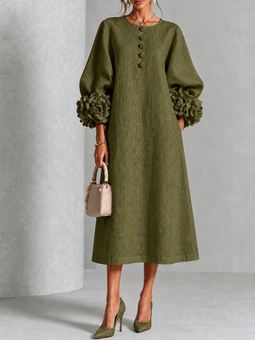 Gemma | Sculpted-Cuff Button Midi Dress