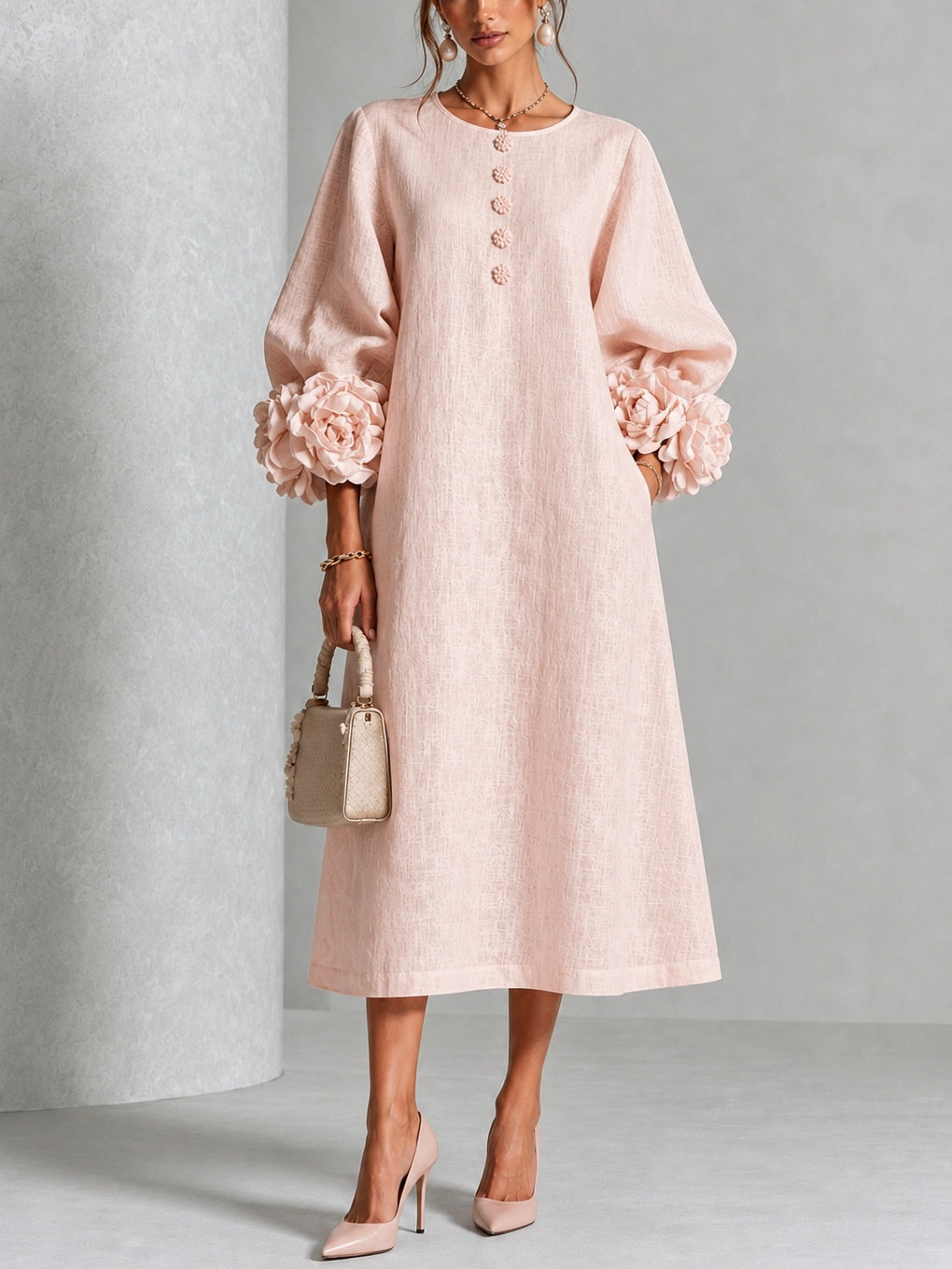 Eugenie | Rosette-Cuff A-Line Midi Dress
