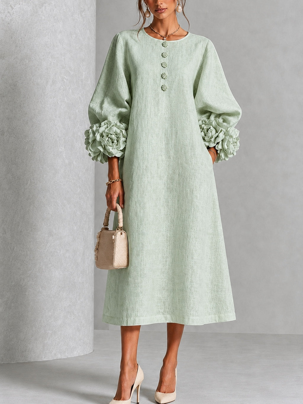 Fiona | Floral-Cuff Flowing Midi Dress