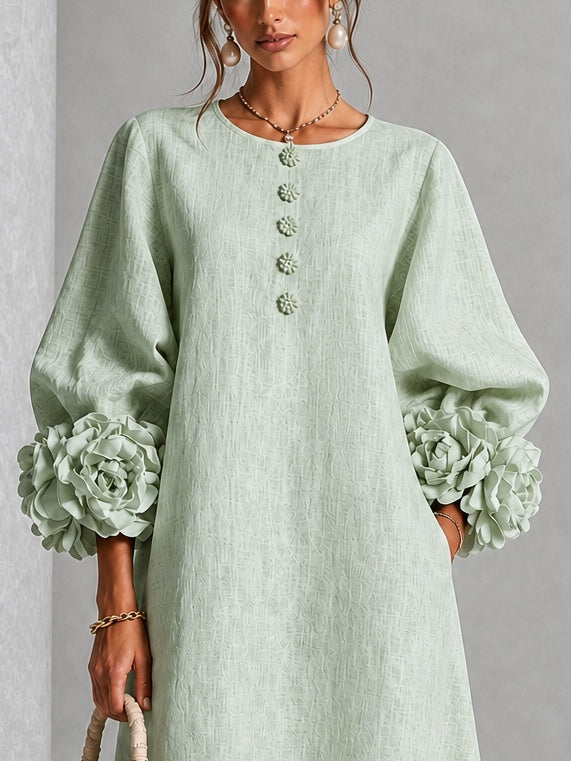 Fiona | Floral-Cuff Flowing Midi Dress