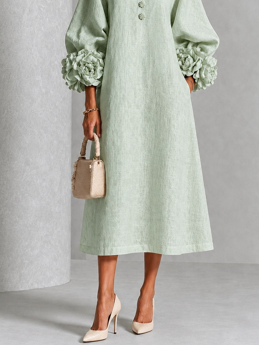 Fiona | Floral-Cuff Flowing Midi Dress