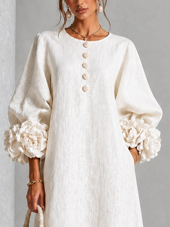 Heloise | Floral-Cuff A-Line Midi Dress