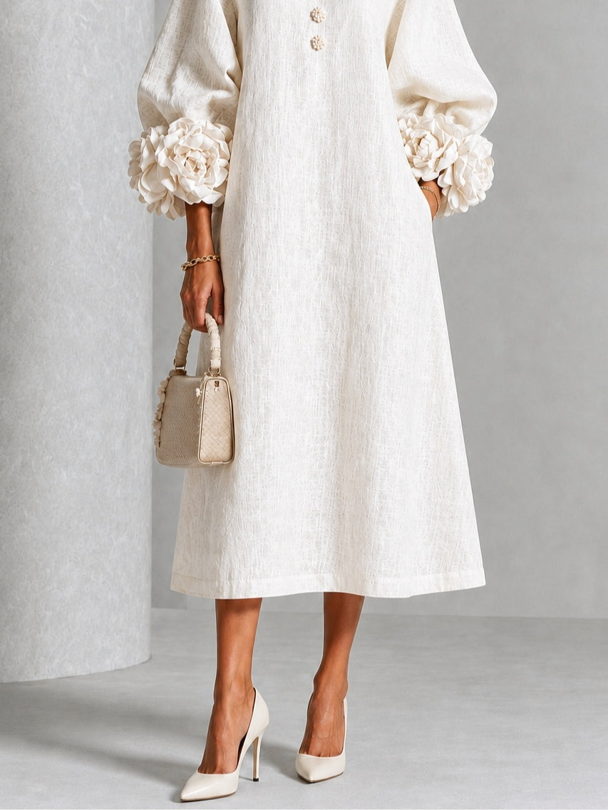Heloise | Floral-Cuff A-Line Midi Dress