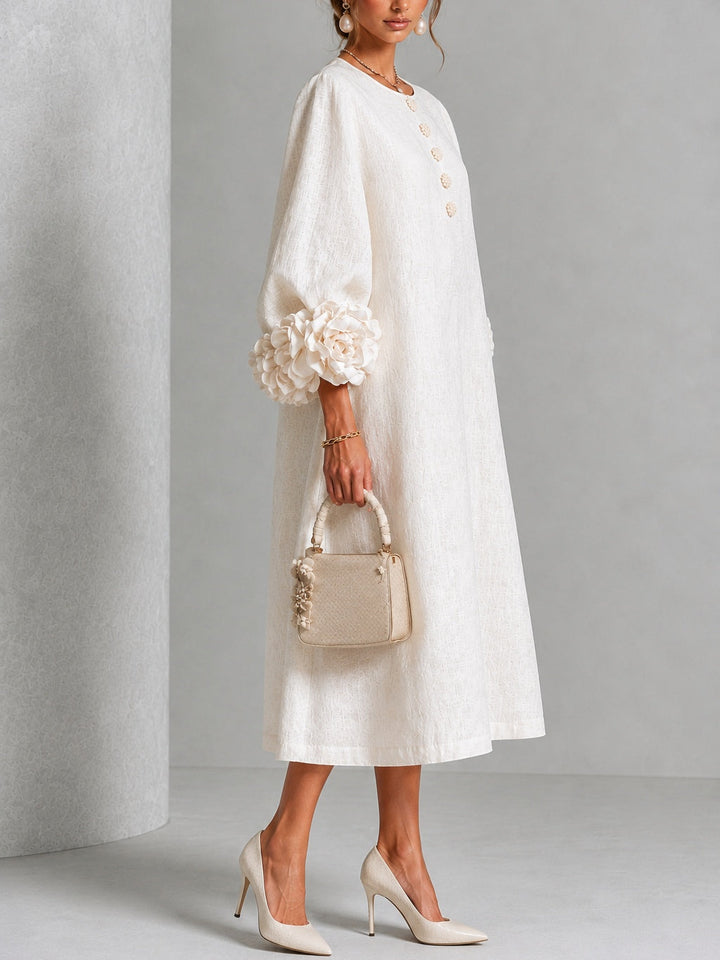 Heloise | Floral-Cuff A-Line Midi Dress
