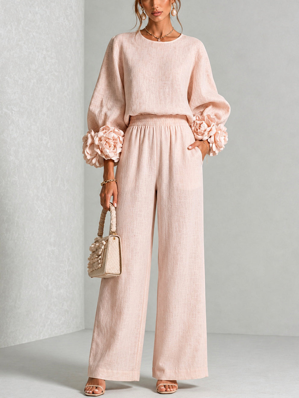 Valentina | Floral-Cuff Two-Piece Trouser Set
