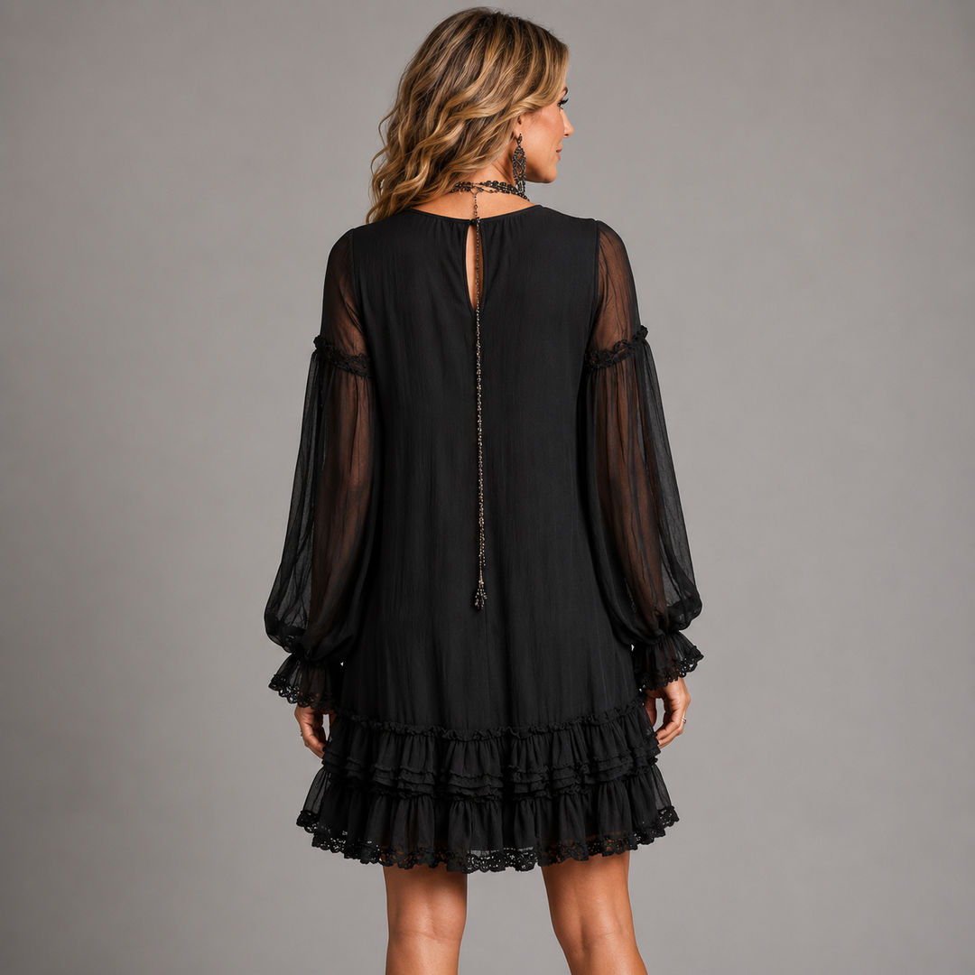Lydia soft ruffle dress with flattering sleeves in black