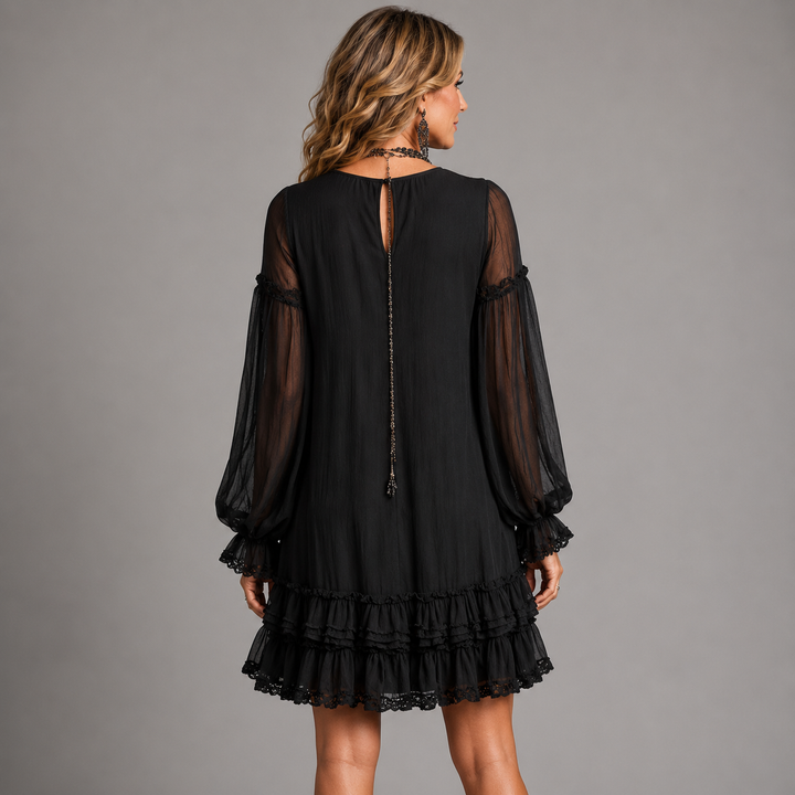 Lydia soft ruffle dress with flattering sleeves in black