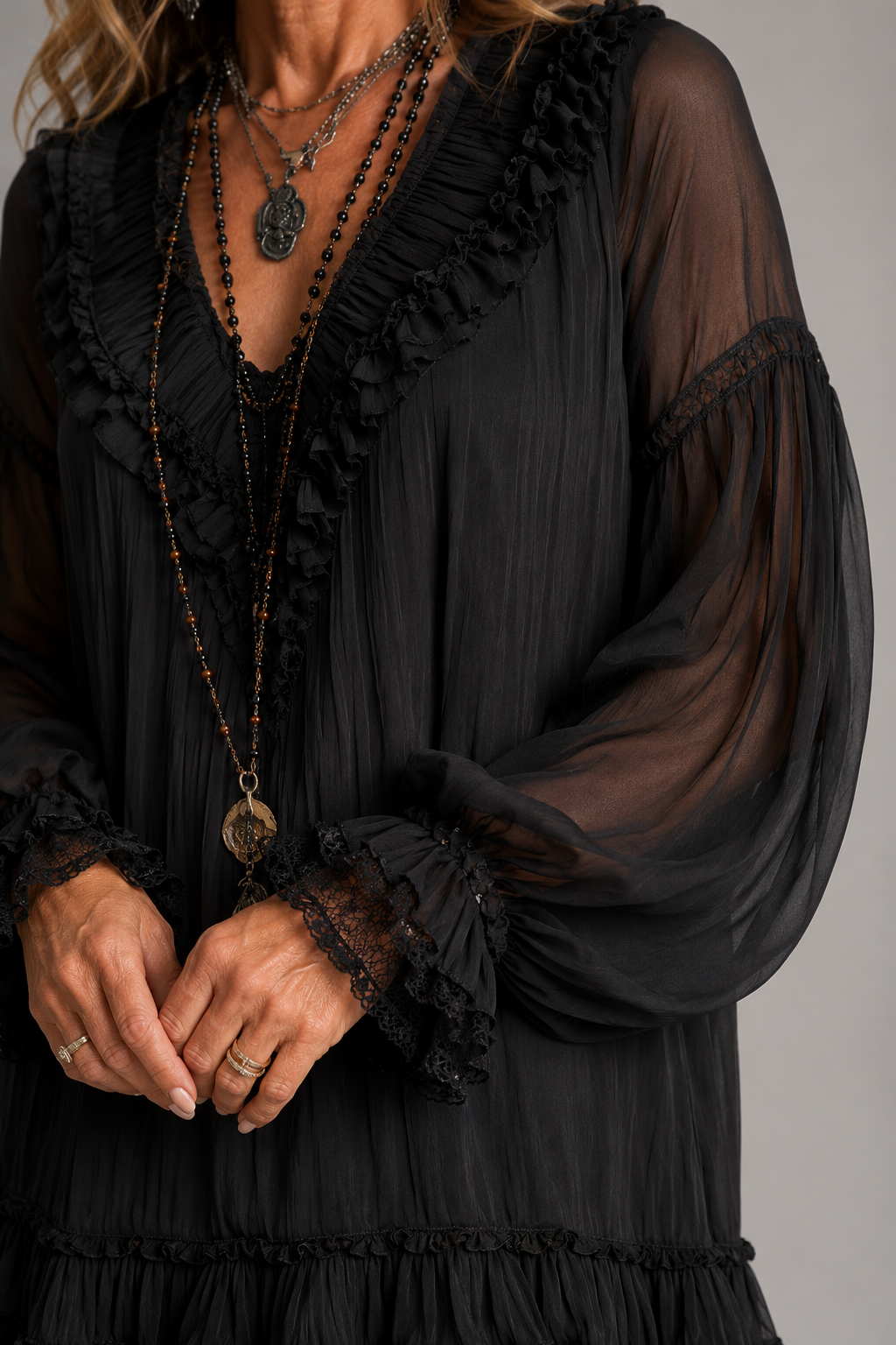 Lydia soft ruffle dress with flattering sleeves in black