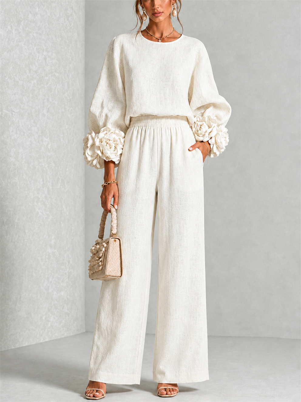 Valentina | Floral-Cuff Two-Piece Trouser Set