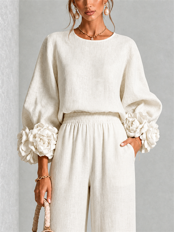 Valentina | Floral-Cuff Two-Piece Trouser Set