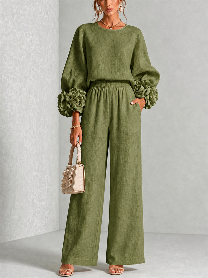 Valentina | Floral-Cuff Two-Piece Trouser Set