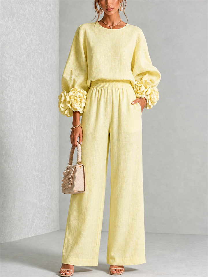 Valentina | Floral-Cuff Two-Piece Trouser Set